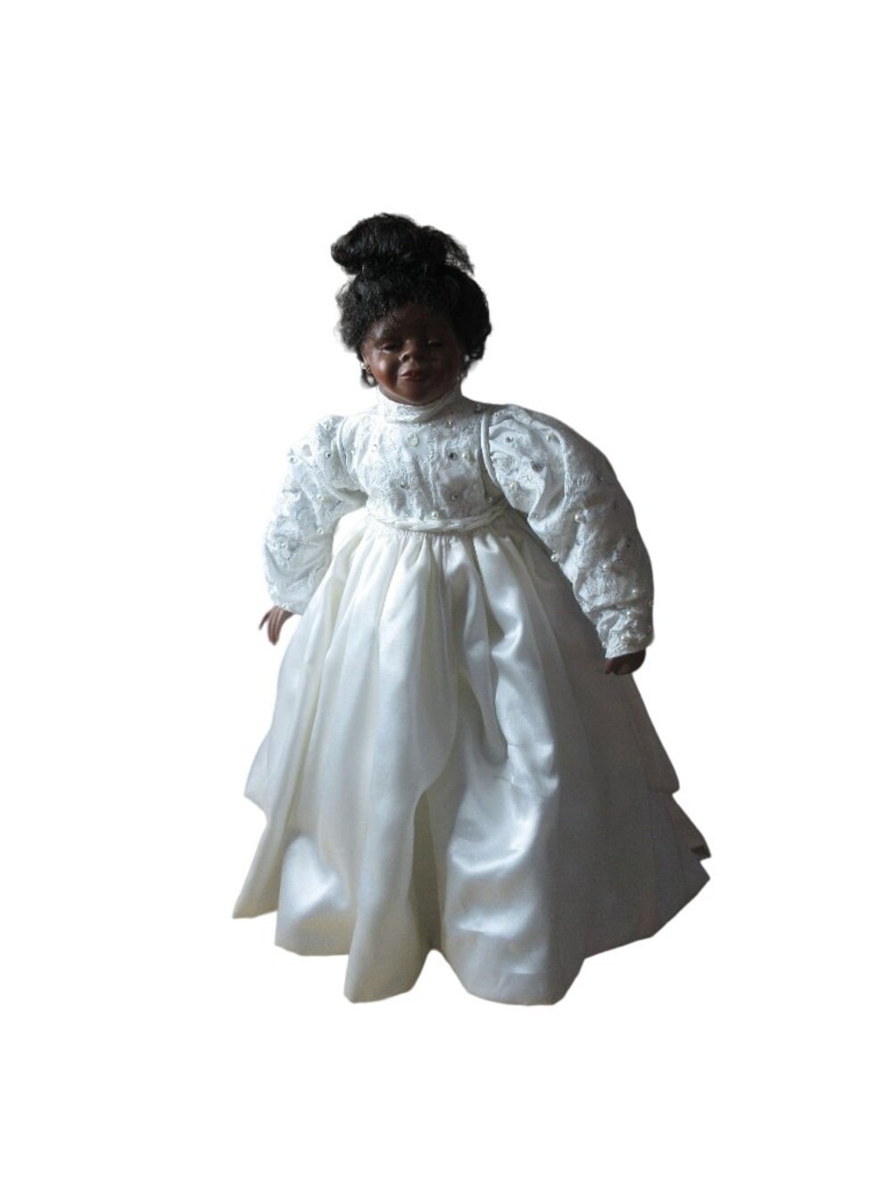 African American Porcelain 18" Bridal Doll Wistful face Inc Stand